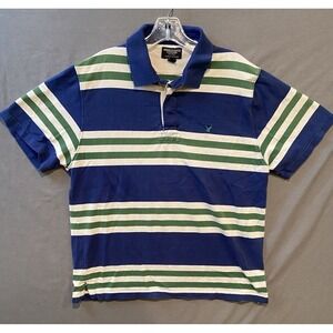 American Eagle Polo Shirt Mens L Blue Green Striped Short Sleeve Cotton Pique
